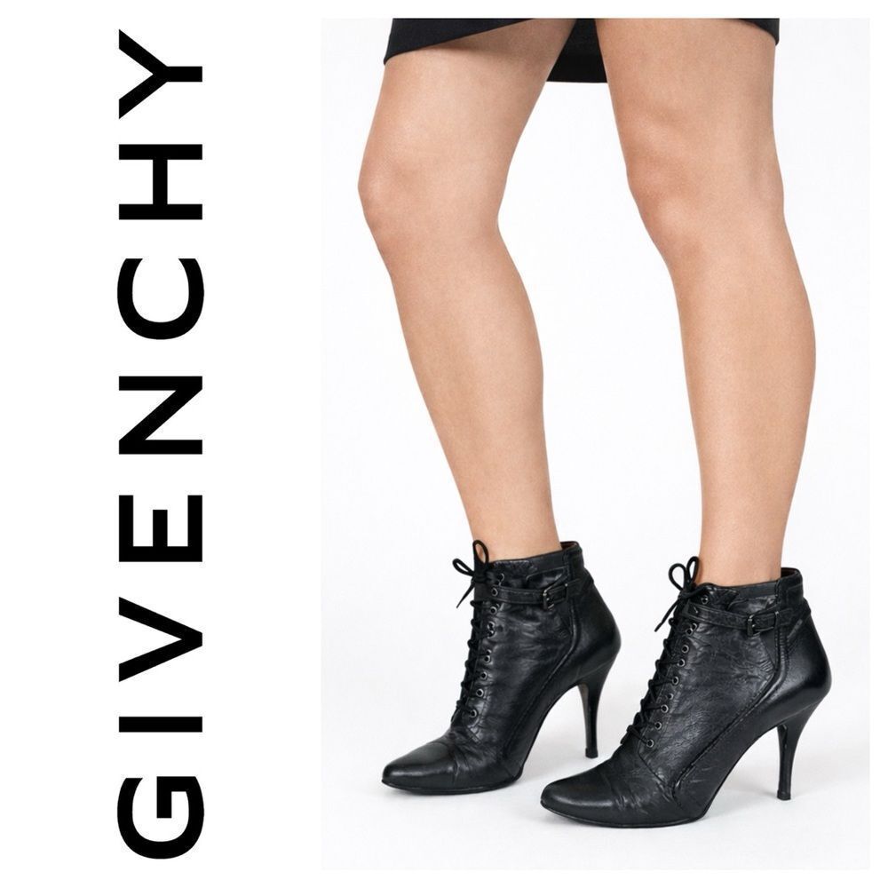 Givenchy BlackโLeather Lace-Up Ankle Stiletto Heel Booties Made in Italy